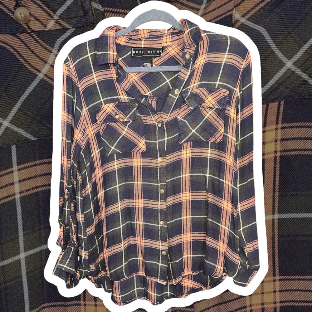 Daily Ritual Plaid Button-Up Shirt - Black and Orange